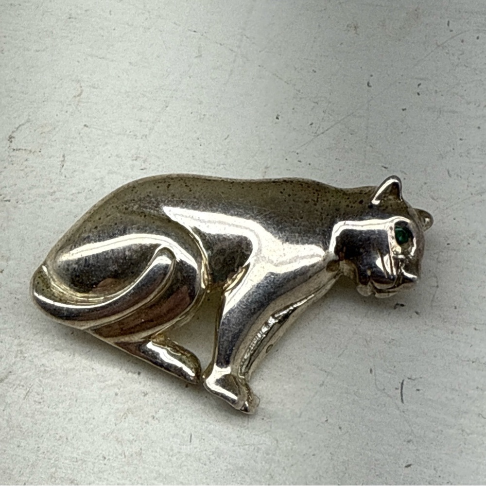 VTG Sterling Silver Emerald Eye Lion Panther Leopard Jaguar Kitty Cat Brooch Pin - Picture 6 of 6